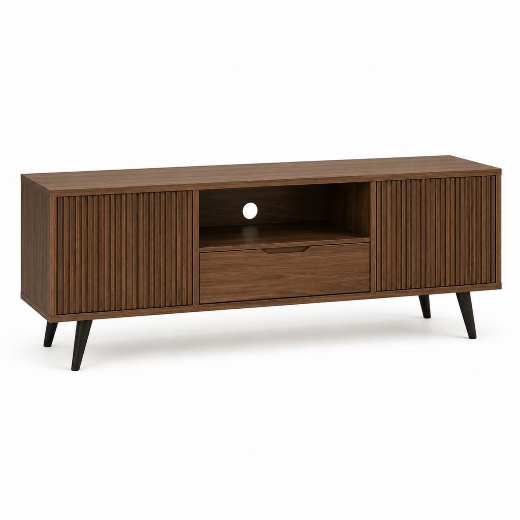 Meuble TV marron noyer en MDF rectangulaire 160 x 40 x 60 cm avec 2 portes coulissantes et tiroir