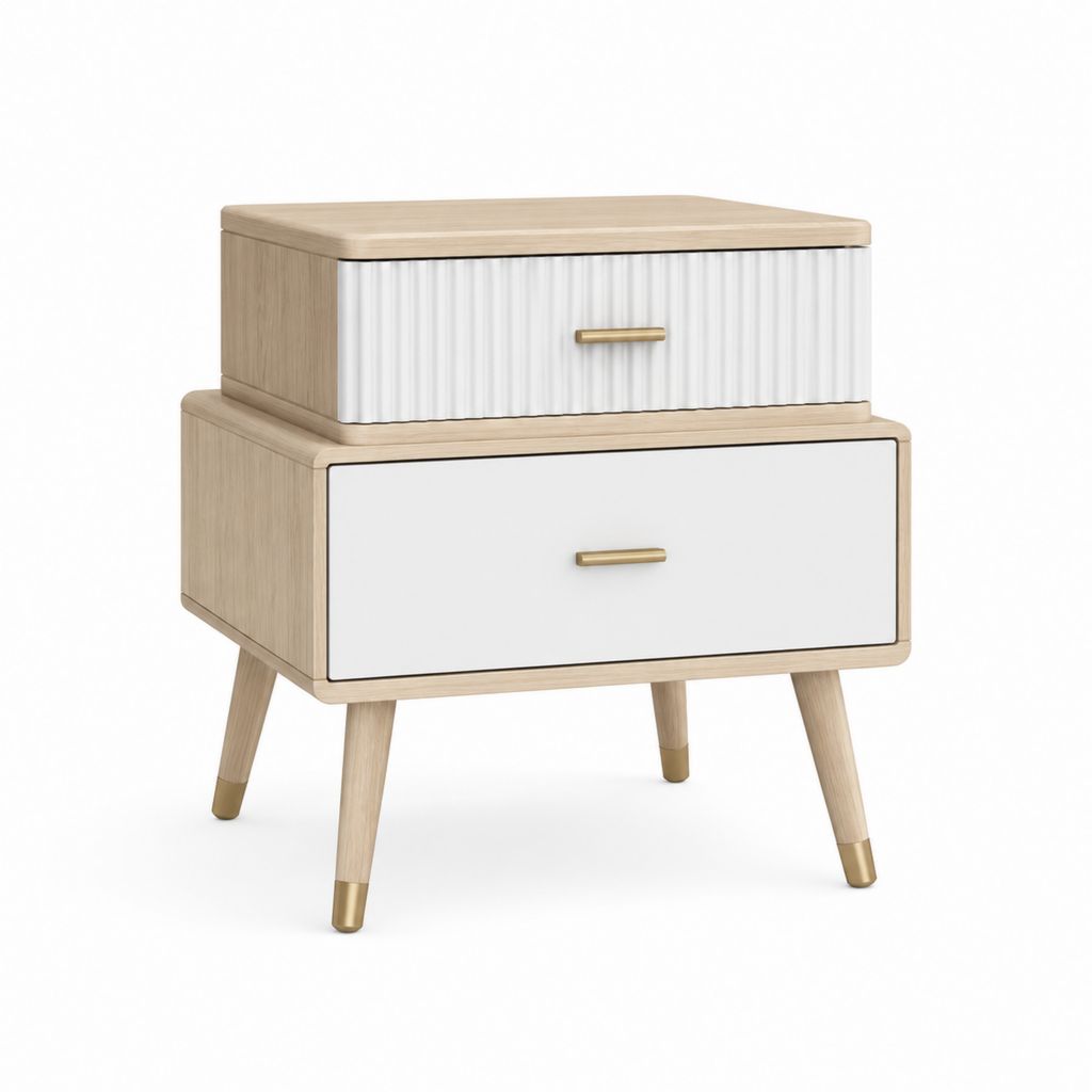 Table de chevet 2 tiroirs beige et blanc en MDF plaqué chêne 50 x 40 x 60 cm