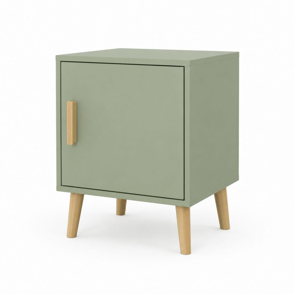 Table de chevet 1 porte vert sauge en MDF et hévéa massif rectangulaire 40 x 35 x 55 cm