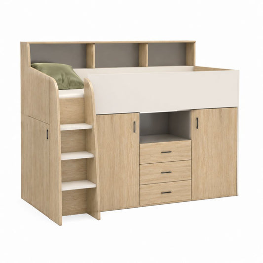 Lit mezzanine enfant avec rangement chêne clair et blanc en panneaux de particules 90 x 190 cm 203 x 115 x 180 cm