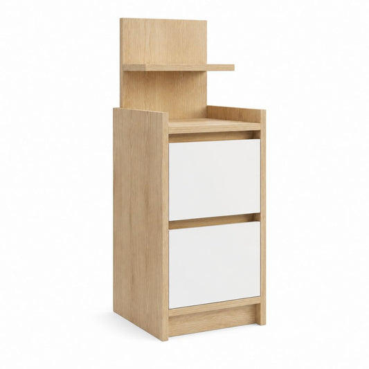 Table de chevet haute rectangulaire chêne clair et blanc en panneaux de particules 45 x 40 x 120 cm