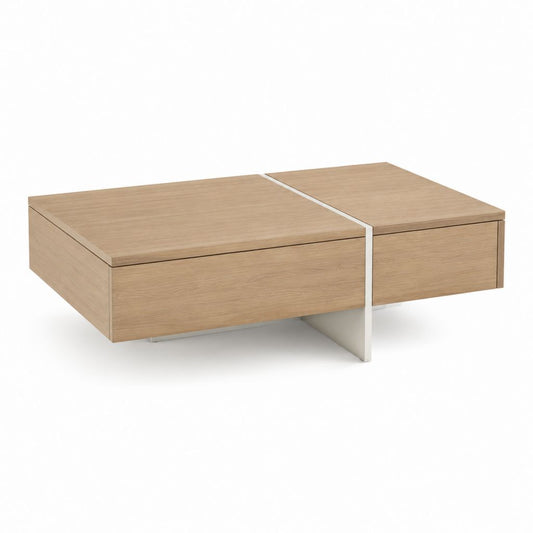 Table basse carrée avec 2 tiroirs chêne naturel et acier blanc 100 x 100 x 35 cm