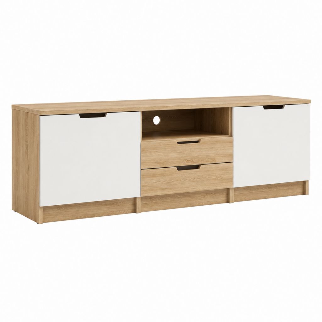 Meuble TV 180 cm chêne clair et blanc en panneaux de particules avec 2 portes 2 tiroirs et passe-câble