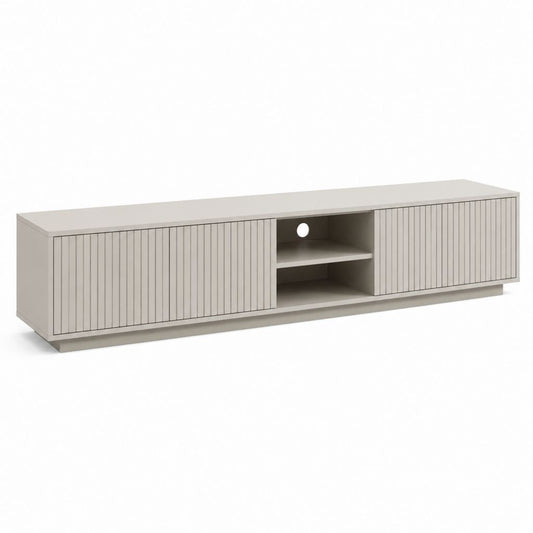 Meuble TV rectangulaire grège en panneaux de particules 180 x 40 x 50 cm avec portes coulissantes et passe-câbles