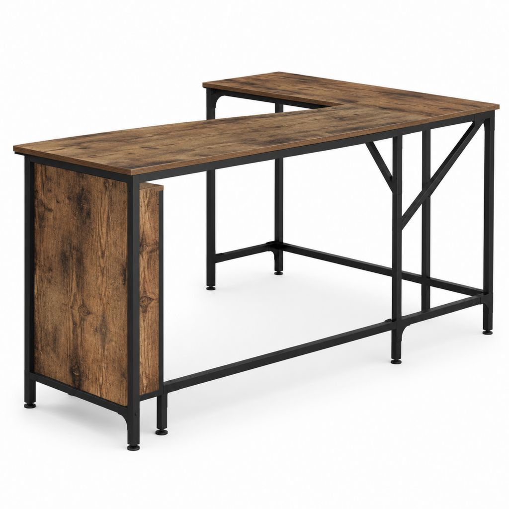 Bureau d'angle en L marron rustique et noir en panneaux de particules et acier 180 x 120 x 75 cm