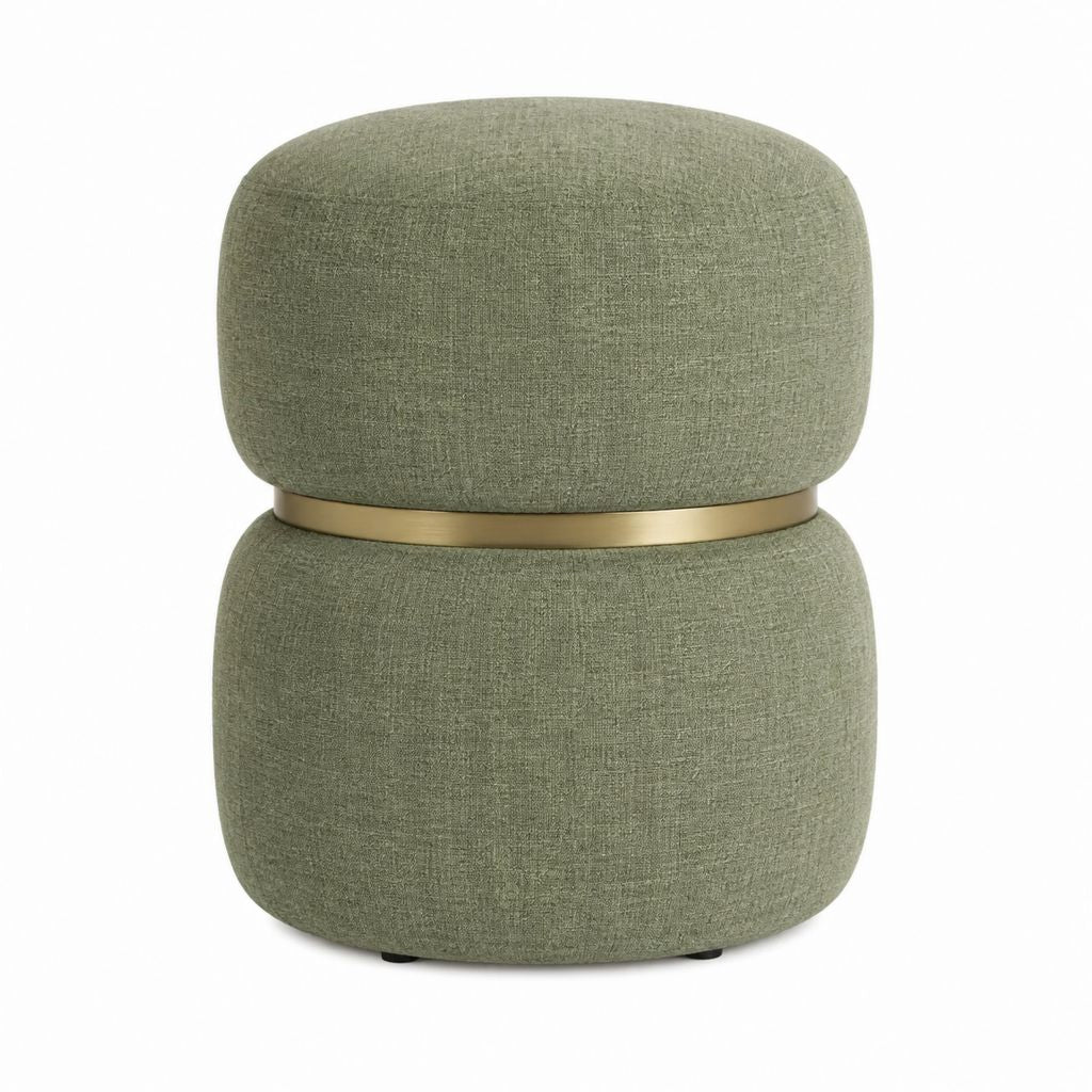 Pouf repose-pieds rond vert sauge en polyester avec anneau doré 45 x 45 x 48 cm