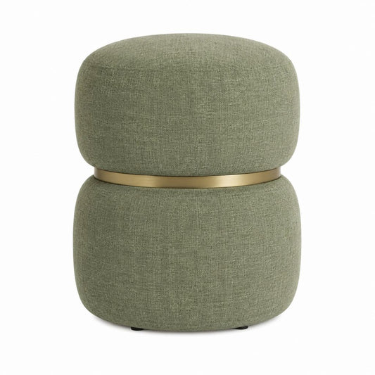 Pouf repose-pieds rond vert sauge en polyester avec anneau doré 45 x 45 x 48 cm