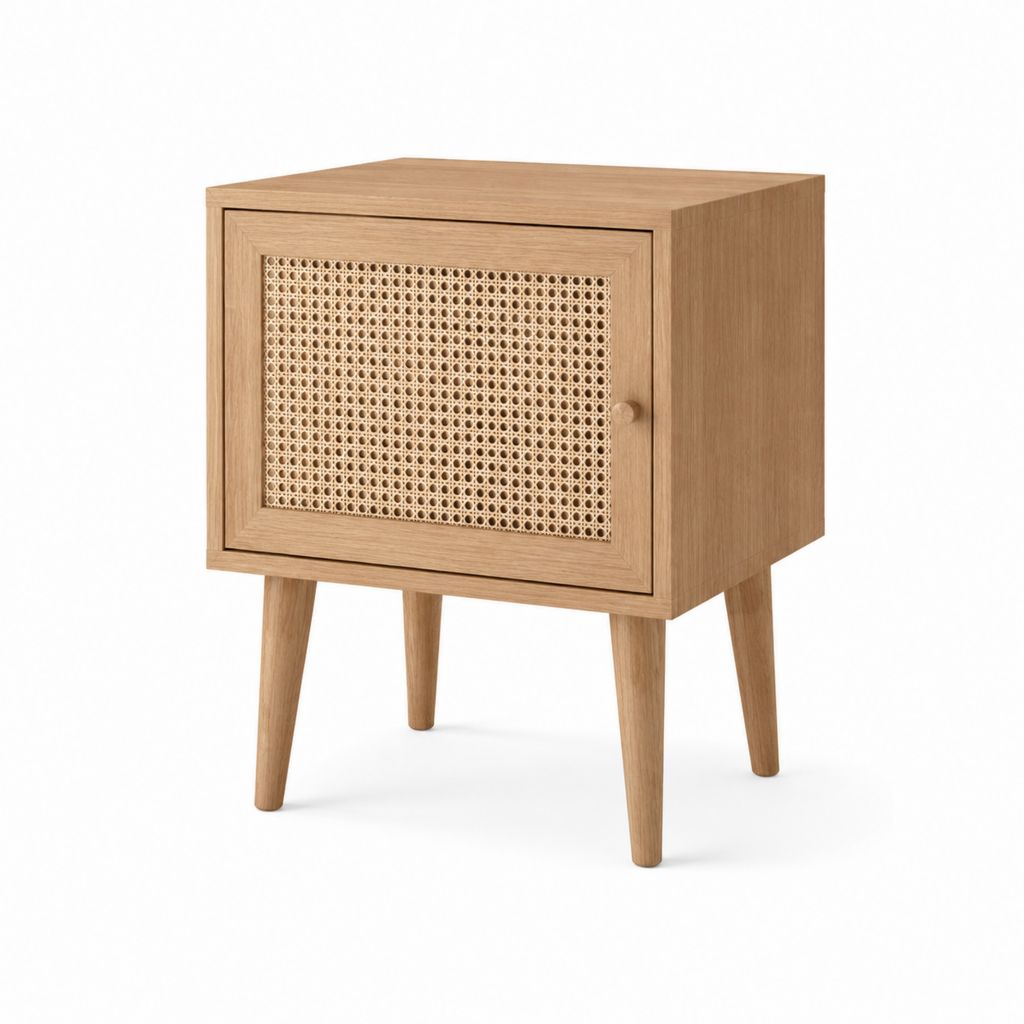 Table de chevet avec porte en cannage chêne naturel MDF 45 x 35 x 60 cm