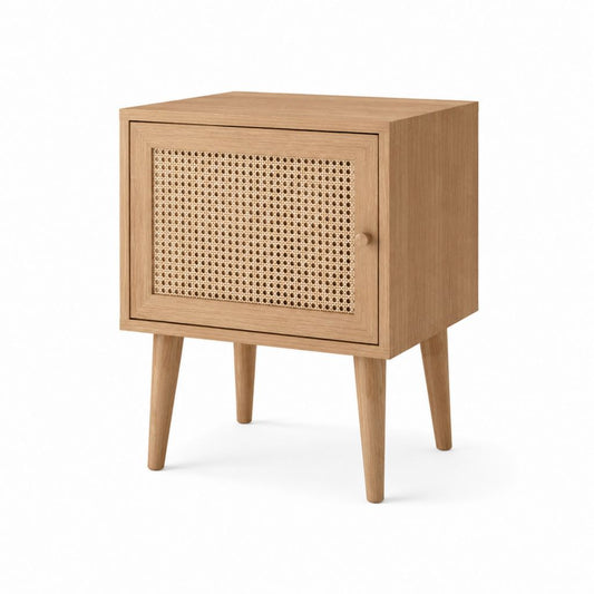 Table de chevet avec porte en cannage chêne naturel MDF 45 x 35 x 60 cm