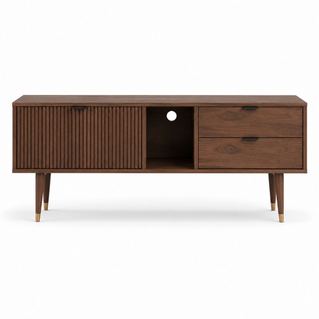 Meuble TV en MDF plaqué noyer brun avec 2 tiroirs 1 porte coulissante et niche ouverte 180 x 40 x 75 cm