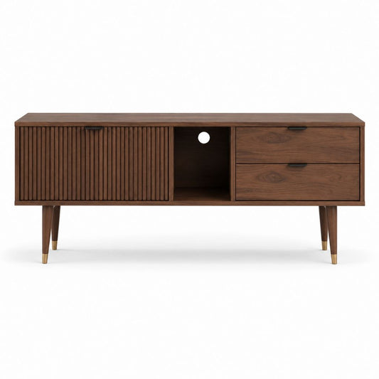 Meuble TV en MDF plaqué noyer brun avec 2 tiroirs 1 porte coulissante et niche ouverte 180 x 40 x 75 cm