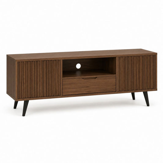 Meuble TV marron noyer en MDF rectangulaire 160 x 40 x 60 cm avec 2 portes coulissantes et tiroir