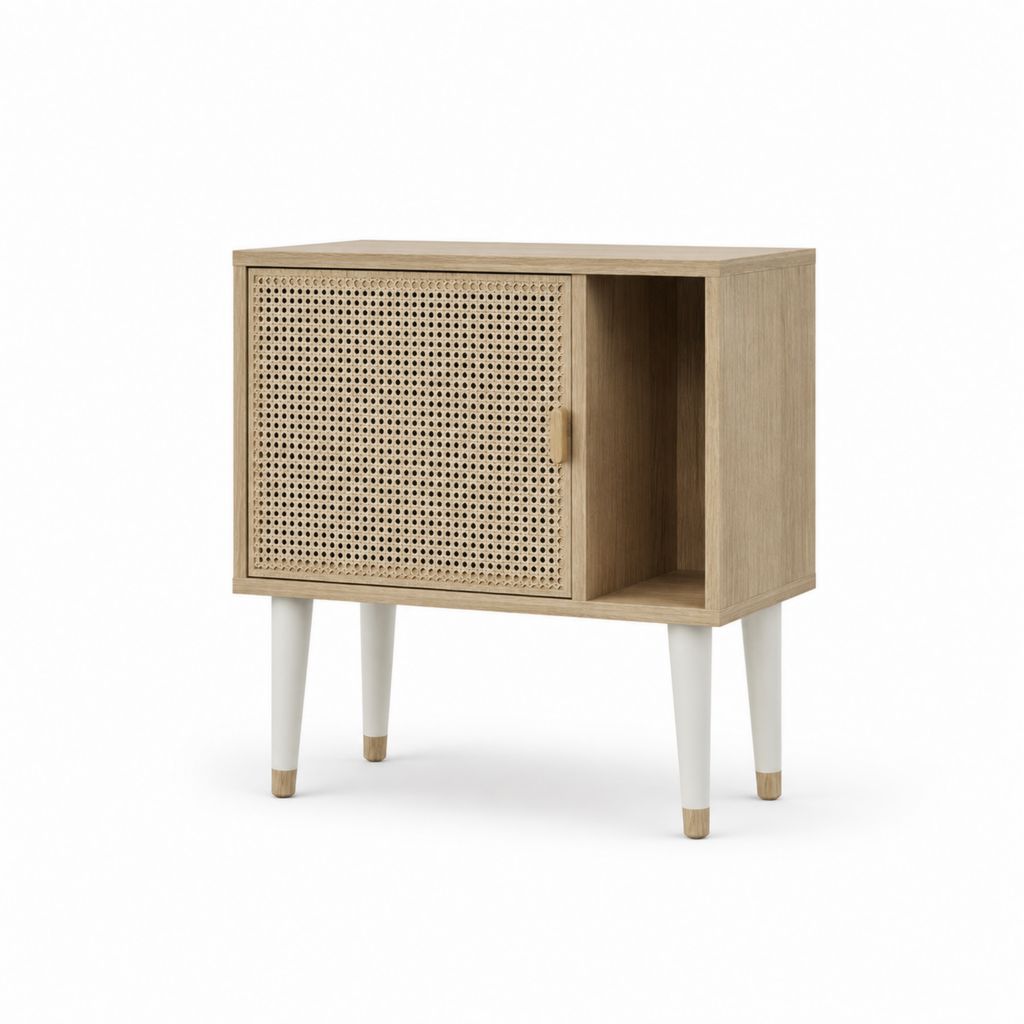 Table de chevet beige en MDF plaqué chêne avec porte en rotin 45 x 35 x 60 cm
