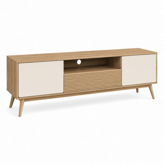 Meuble TV rectangulaire chêne clair et beige en panneaux de particules 180 x 40 x 60 cm