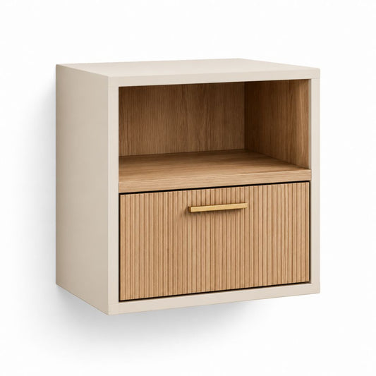 Table de chevet rectangulaire beige et chêne en MDF 45 x 40 x 55 cm avec niche et tiroir