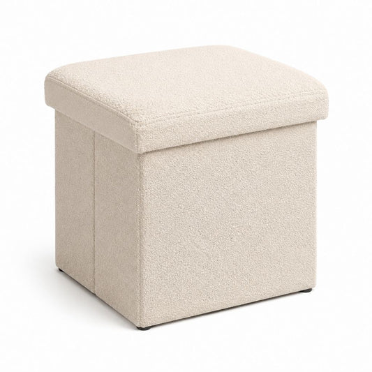 Pouf coffre pliable beige en polyester bouclé carré 38 x 38 x 38 cm