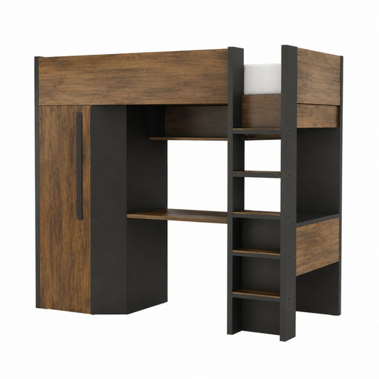 Lit mezzanine enfant 90 x 200 cm avec bureau armoire et étagères noir et décor chêne