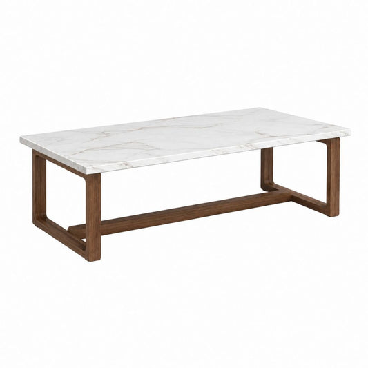 Table basse rectangulaire blanche effet marbre et bois de noyer 120 x 60 x 45 cm