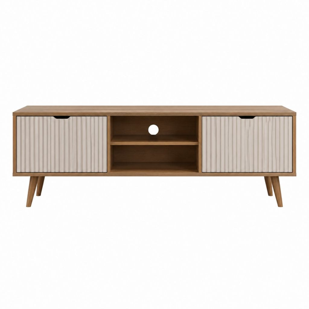 Meuble TV 2 portes en panneaux de particules noyer et gris clair 160 x 40 x 55 cm