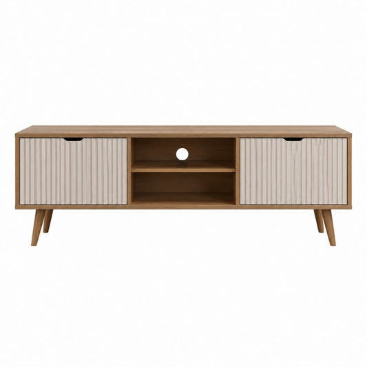 Meuble TV 2 portes en panneaux de particules noyer et gris clair 160 x 40 x 55 cm