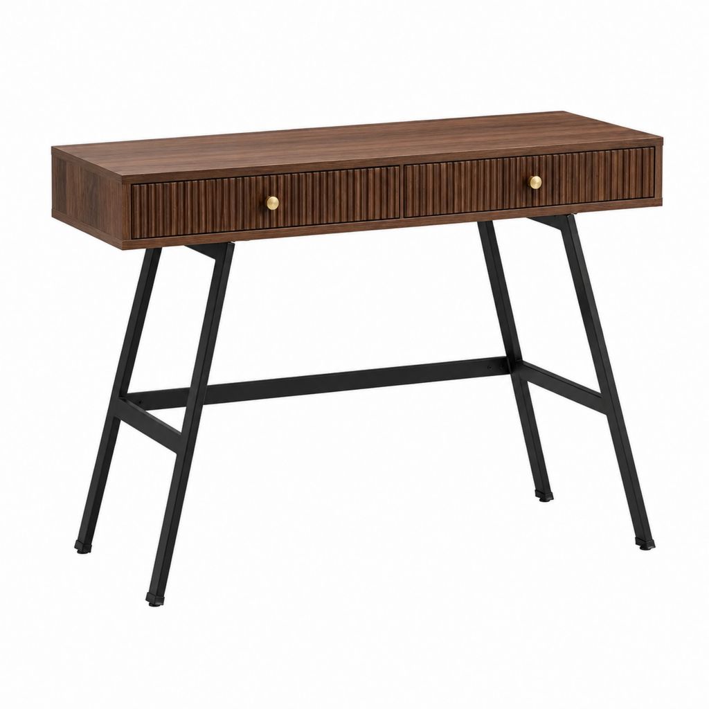 Bureau droit avec 2 tiroirs noyer et noir en panneaux MDF et acier 120 x 60 x 75 cm