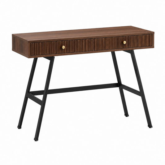 Bureau droit avec 2 tiroirs noyer et noir en panneaux MDF et acier 120 x 60 x 75 cm